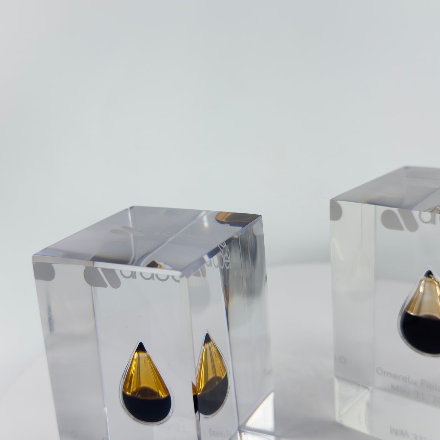 TRANSPARENT PAPER WEIGHT ENCAPSULATED WITH TEAR DROP OIL BOTTLE