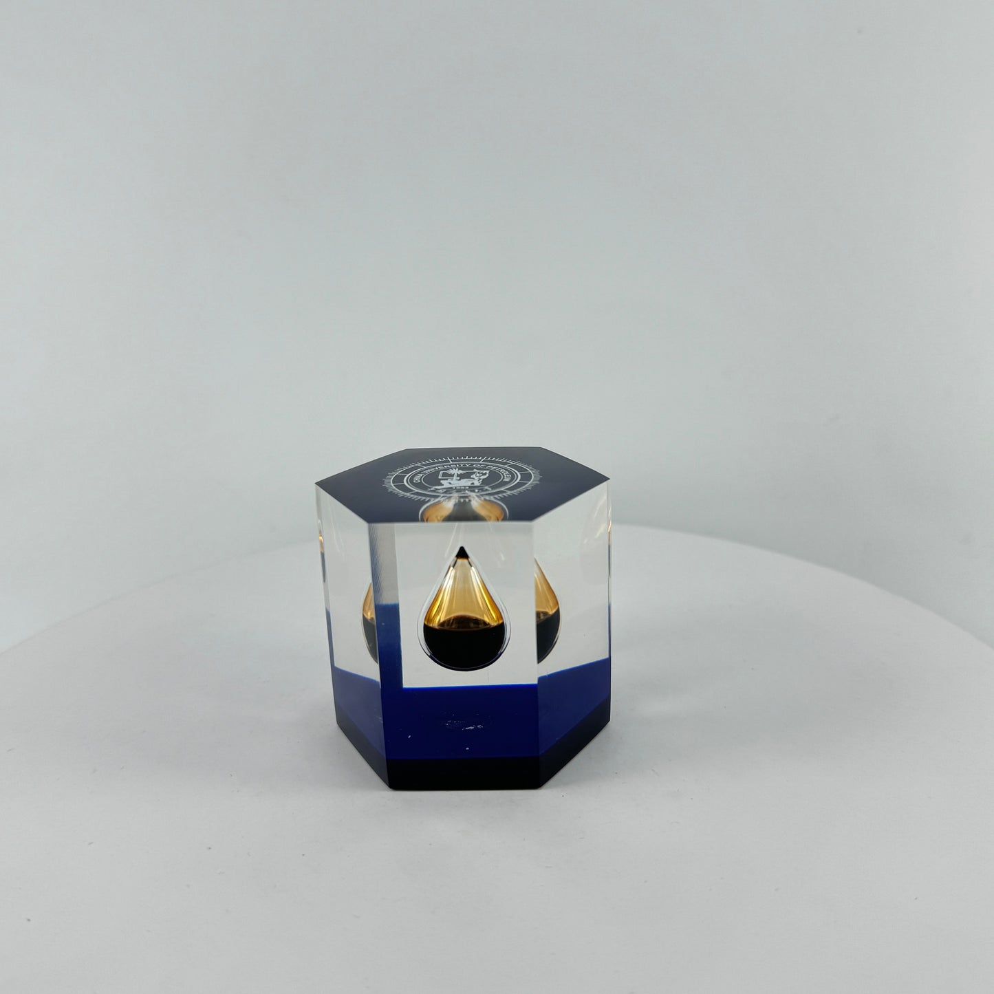TRANSPARENT PAPER WEIGHT ENCAPSULATED WITH TEAR DROP OIL BOTTLE