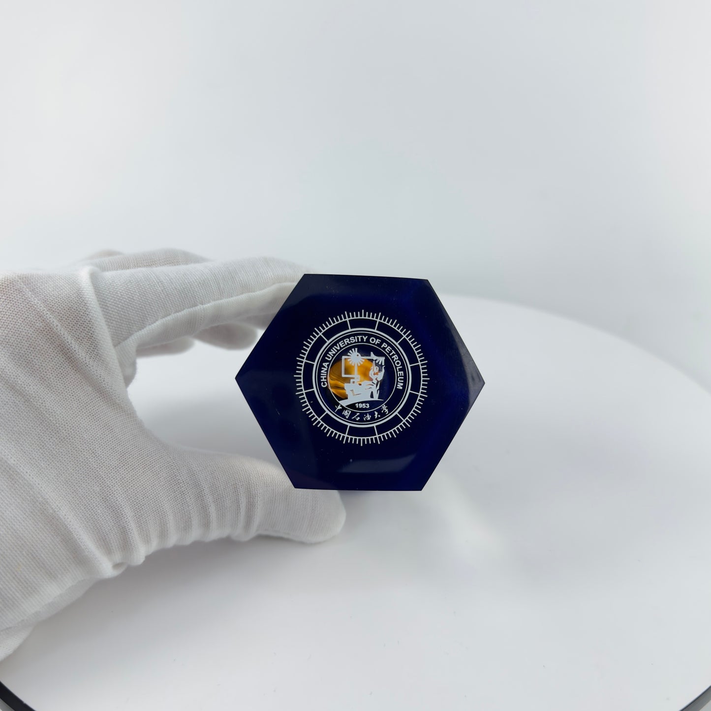 TRANSPARENT PAPER WEIGHT ENCAPSULATED WITH TEAR DROP OIL BOTTLE