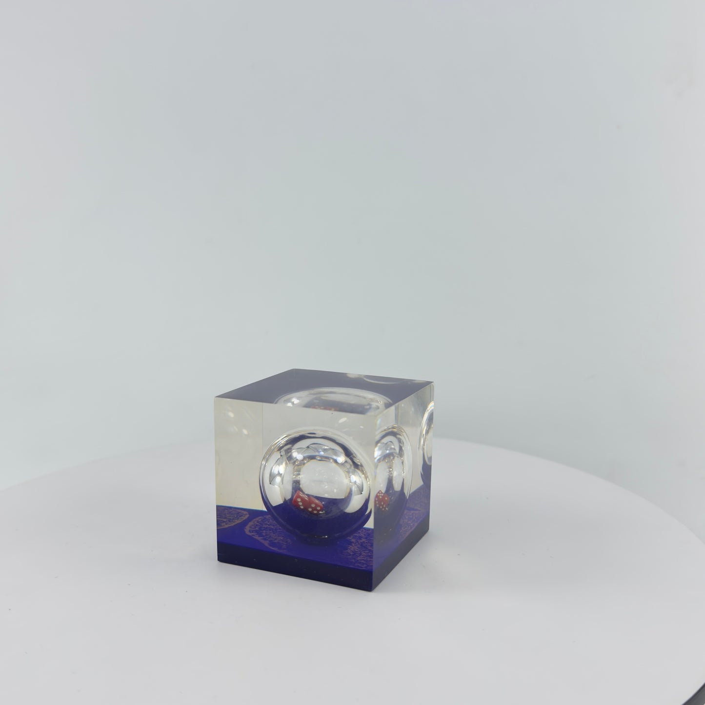 TRANSPARENT PAPER WEIGHT ENCAPSULATED WITH GLASS BOTTLE WITH DICE INSIDE
