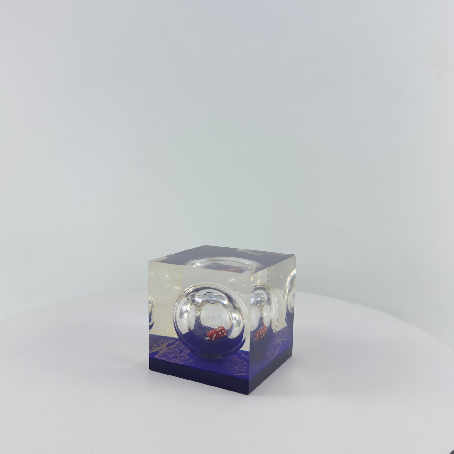 TRANSPARENT PAPER WEIGHT ENCAPSULATED WITH GLASS BOTTLE WITH DICE INSIDE