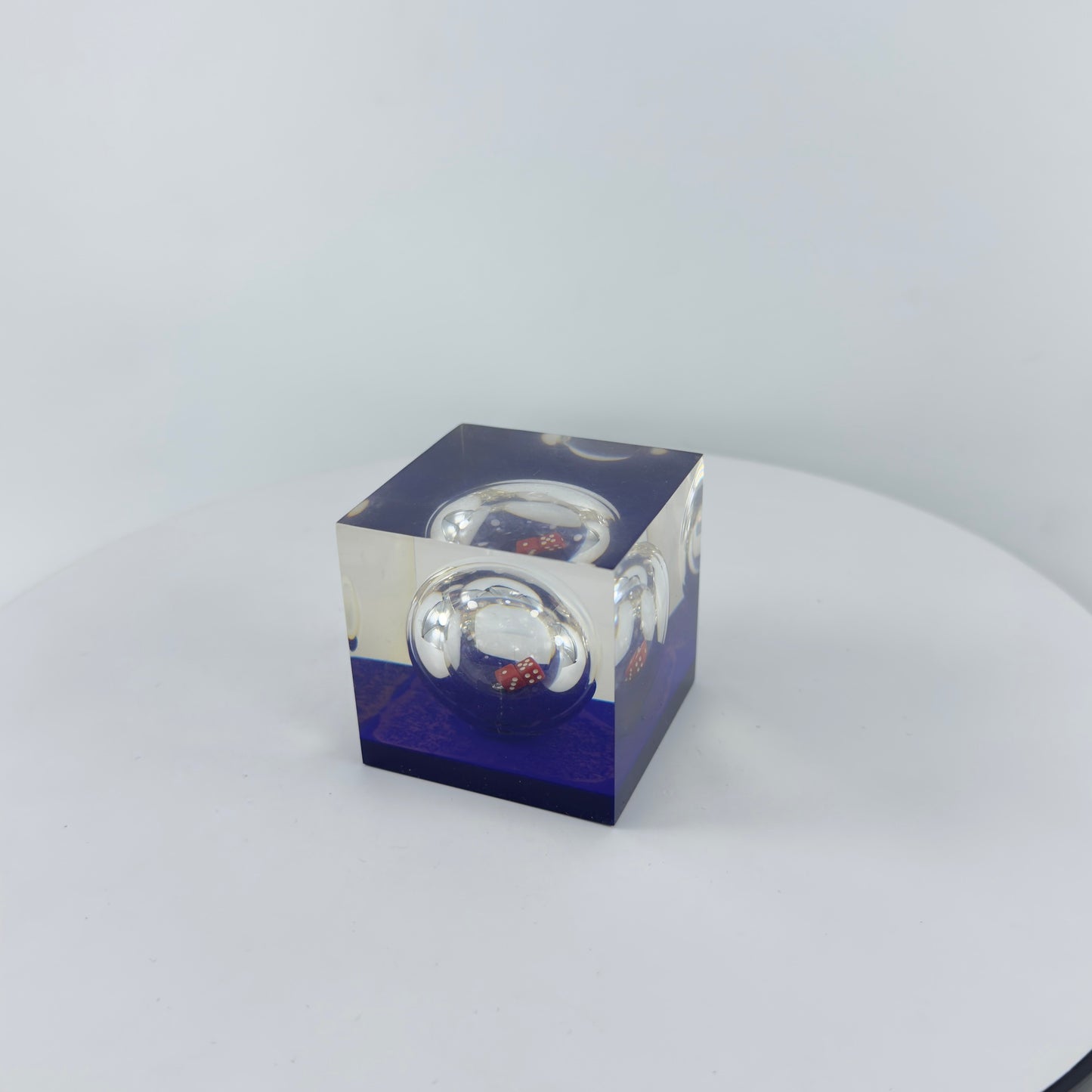 TRANSPARENT PAPER WEIGHT ENCAPSULATED WITH GLASS BOTTLE WITH DICE INSIDE